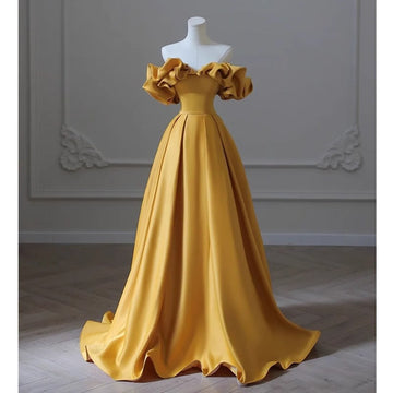 Shoulder Banquet Evening Dress Dress Female-Singen-Faced Yellow Temperament Light Luxury Niche High-End Art Exam Host Dress